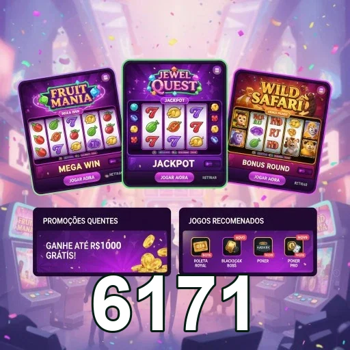 Tela de slots Fruit Mania, Jewel Quest e Wild Safari no 6171.