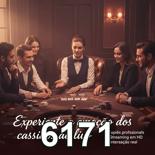 Interface do site 6171 com crupiês em um cassino ao vivo.