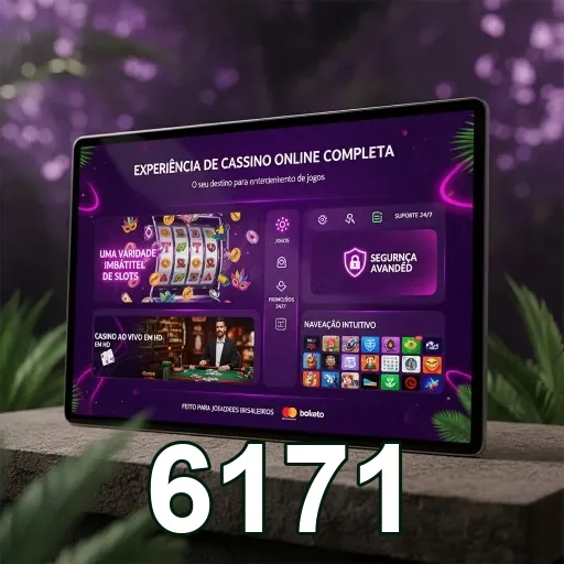 Tela do 6171 mostrando slots e jogos ao vivo em um tablet.