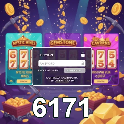 Interface do site 6171 com slots e tela de login.