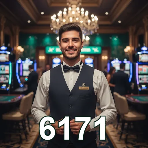 Atendente do cassino 6171 em ambiente elegante com slots ao fundo.
